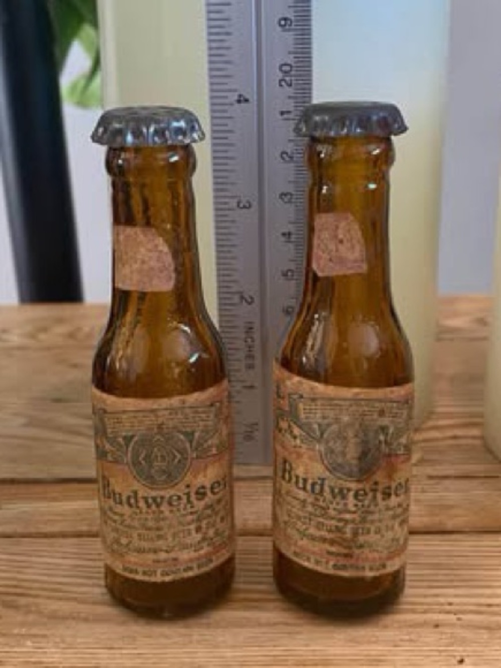 Budweiser Mini Amber Bottle Pair - Amber Brown Glass